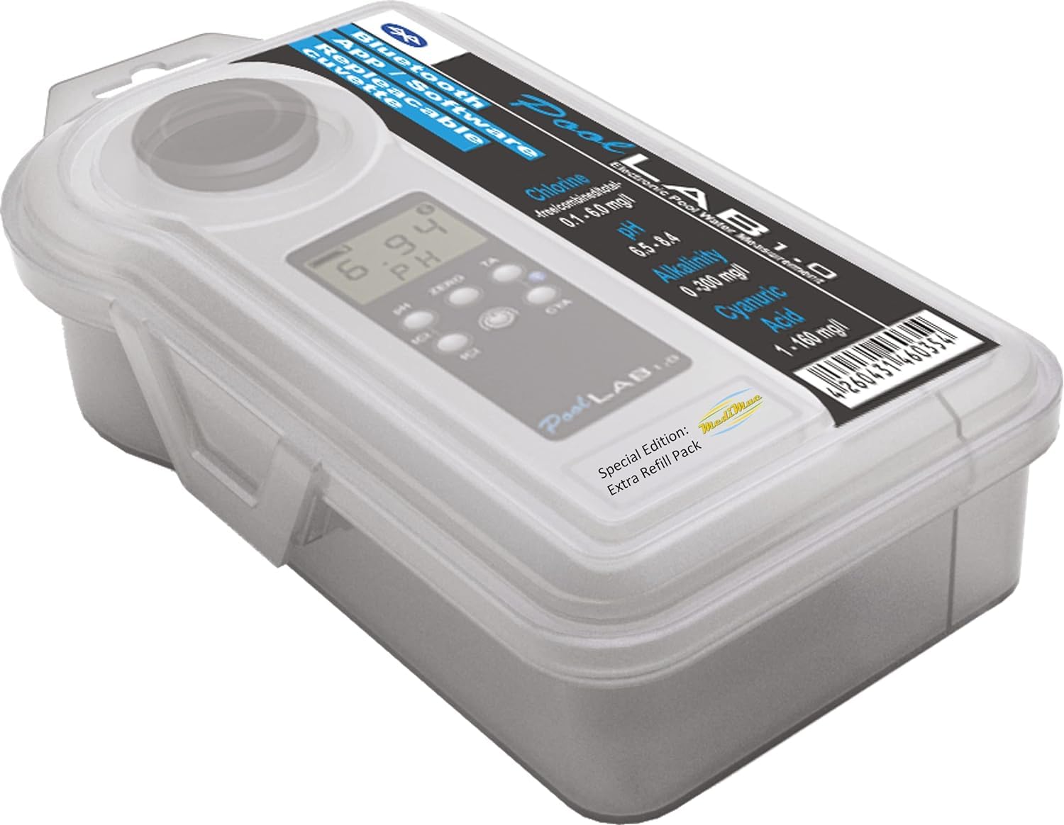Photometro PoolLab 1.0 Special Edition 15 in 1: tester elettronico per l'acqua MediMuc - Photometro con 70 pastiglie di test + EXTRA Refillpack