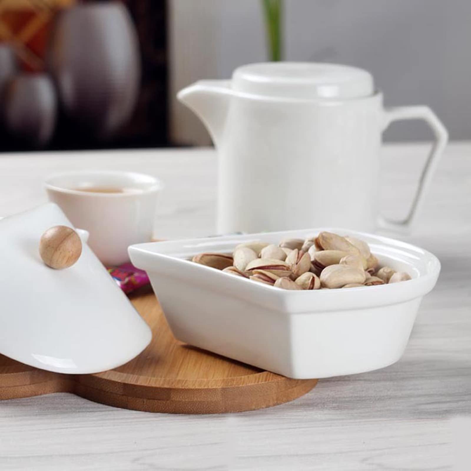 Yarlung Ceramiczne podzielone naczynia do serwowania z pokrywkami i bambusowym półmiskiem, 5 wymiennych miseczek do zanurzania, orzechy, naczynia na przekąskę, chipsy, owoce, cukierki, przyprawy