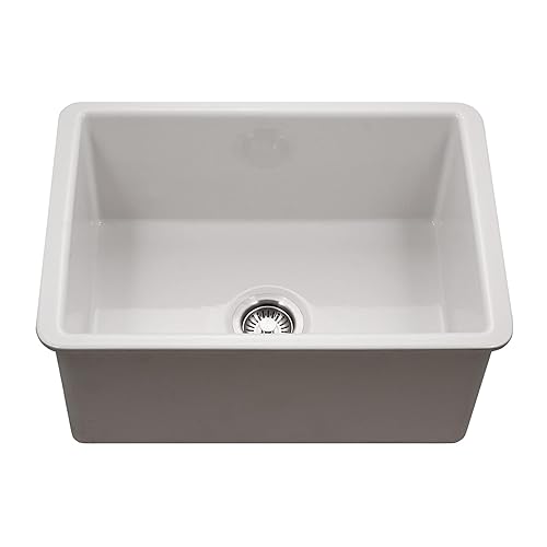 Houzer Platus PTG-4318 WH - Fregadero de granja de la serie Fireclay de 33 pulgadas con delantal delantero de montaje inferior con cuenco individual