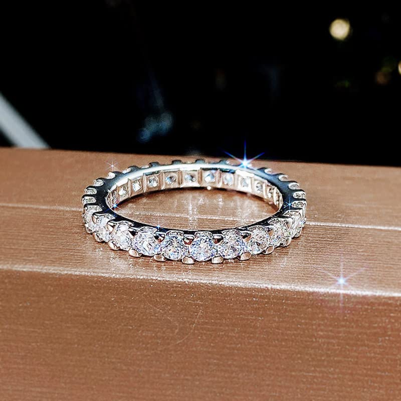 14K White Gold Silver CZ Diamond Stackable Band Ring Eternity Shiny Full Diamond Gemstone Ring Cubic Zirconia Rings Engagement Wedding Band Ring for Women Size 72