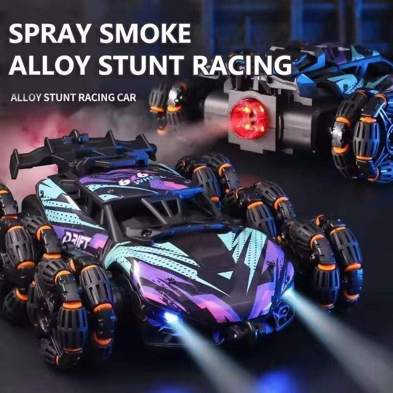 Image of Cable World 6-Wheel RC Stunt Drift Car with Spray Mist, LED Lights & 360 Rotating Arms | 2.4GHz Remote Control Alloy Racing Car | Rechargeable Battery Toy for Boys & Girls Age 6+ Years
