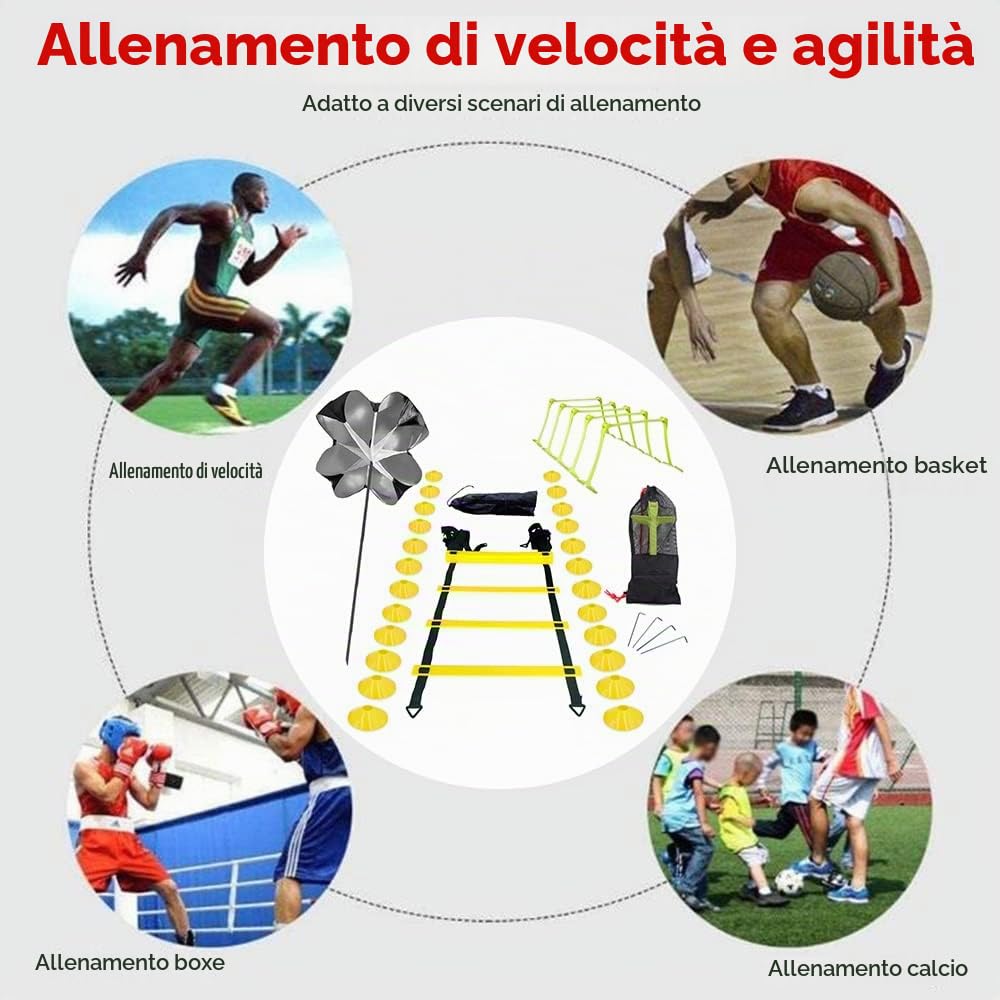 Set allenamento Speed ​​​​& Agility, accessori per allenamento calcio con 1 paracadute di resistenza, scala di coordinazione, 5 ostacoli regolabili, 24 coni a disco, dispositivo di allenamento