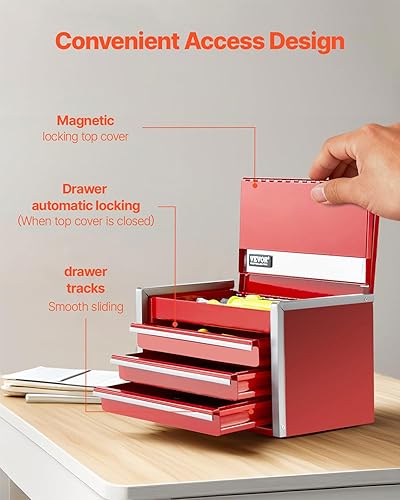 Miniatura 4 de VEVOR Caja de herramientas de metal, 8.6 pulgadas, caja de herramientas de metal portátil con 3 cajones, pequeña caja de herramientas con forros de