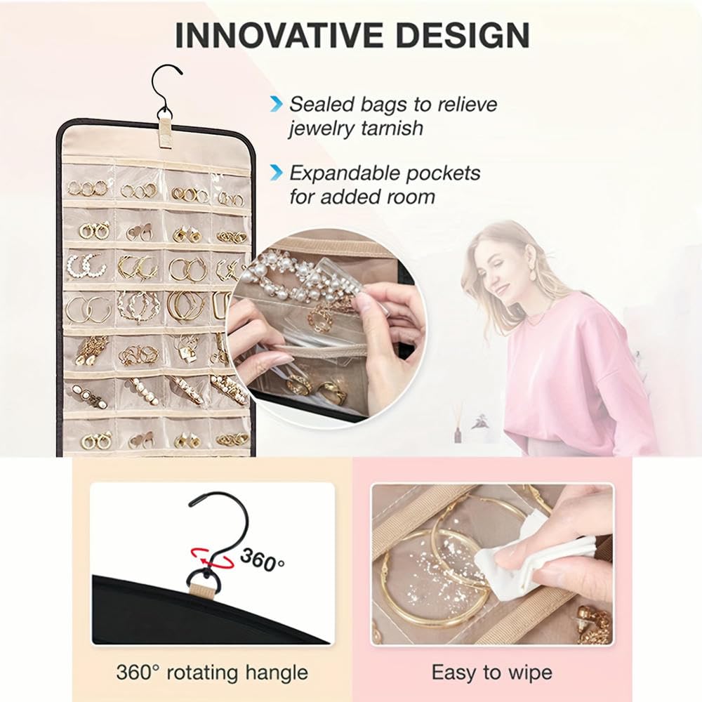 ZBDZSW Doppelseitiger Schmuck-Organizer zum Aufhängen, mit 360 Grad drehbarem Aufhänger, Ohrringen, Armband, Ringkette mit drehbarem Aufhänger