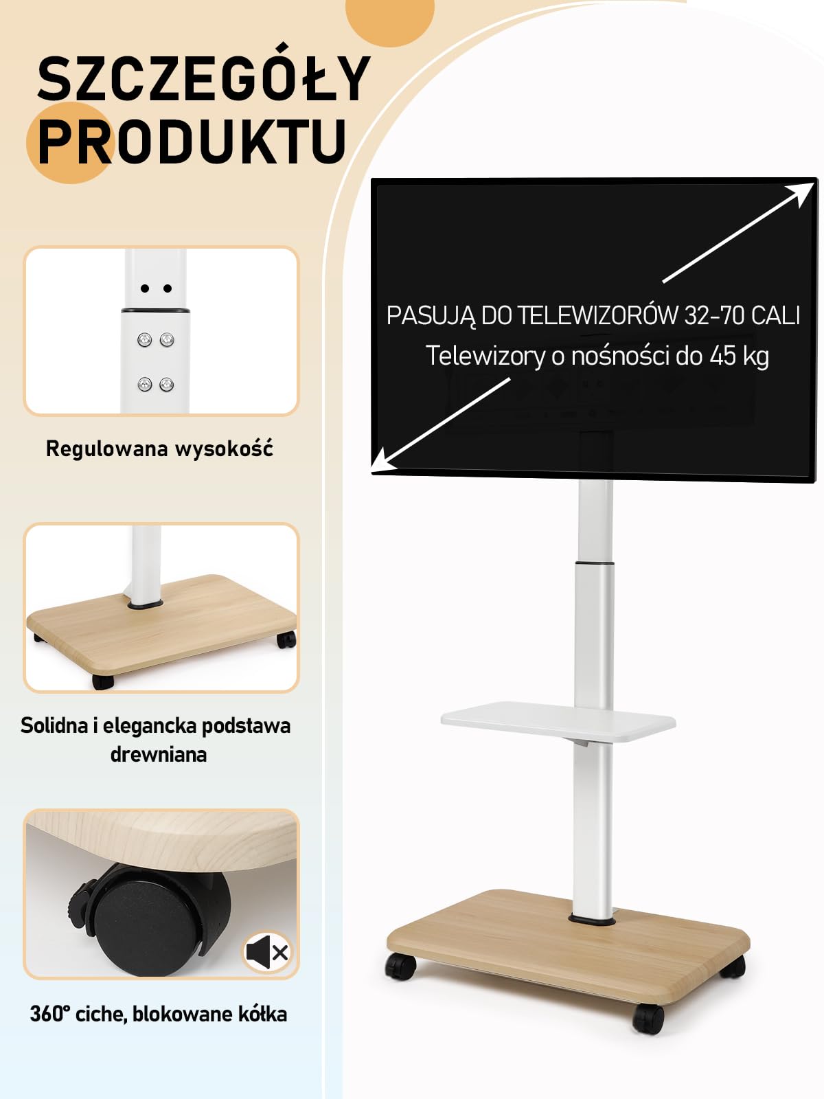 Stojak na telewizor, mobilny stojak na telewizor, 32-70 cali, płaski/zakrzywiony LED/LCD/OLED, przenośny stojak na telewizor na kółkach do 45 kg, podłogowy uchwyt na telewizor z laptopem, półką DVD