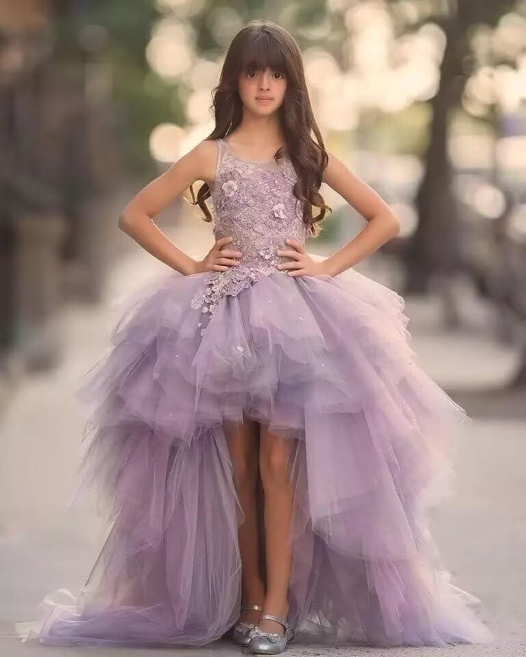 LECOYOYO High Low Flower Girl Dresses Tulle Applique First Communion Dress Ruffles Pageant Ball Gown for Wedding4