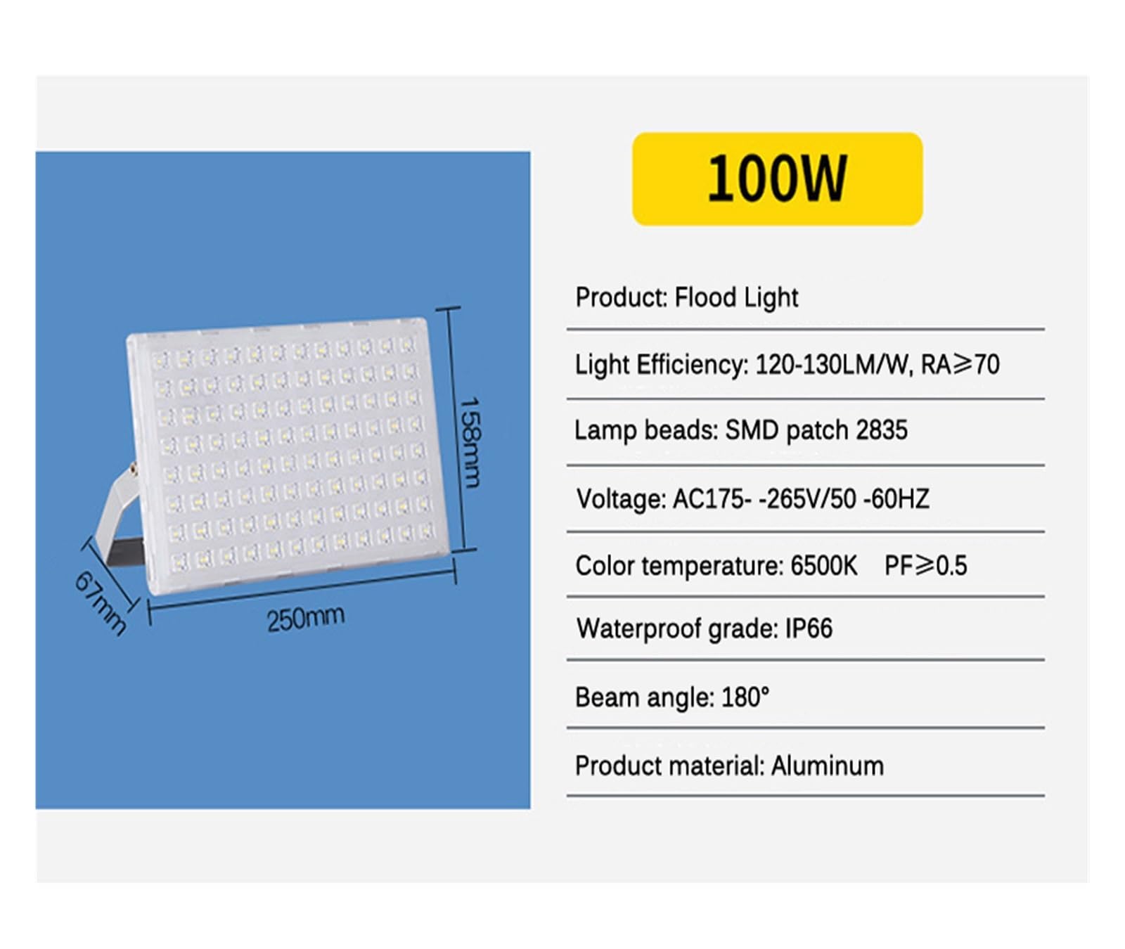 Naświetlacz LED, Kwadratowy Reflektor LED 100W 150W 200W Zewnętrzne Wodoodporne Oświetlenie Reflektor Reflektor Reklama Lampa Projekcyjna Drzewo Światło(6000K,100W)