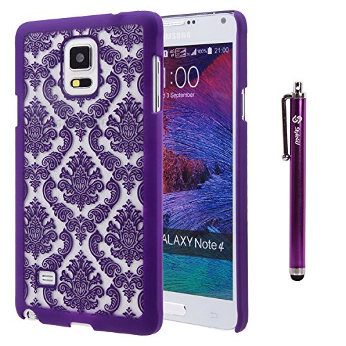 Style4U - Custodia per Samsung Galaxy Note 4, motivo damascato floreale, per Samsung Galaxy Note 4, con 1 pennino e 1 pellicola protettiva HD, colore: Viola