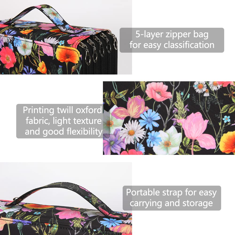 Trousse à crayons de couleur – 252 emplacements avec fermeture éclair en tissu sergé de grande capacité, motif rose, pour étudiant ou artiste (fleur noire)