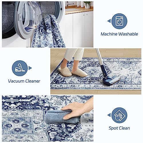 Madane Hallway Washable Runner Rug - 2x10 Kitchen Rugs Entryway Rug Runner Vintage Soft Floor Mat Non Slip Indoor Farmhouse Carpet for Bathroom Living Room Bedroom (2 X 10, Navy/White)