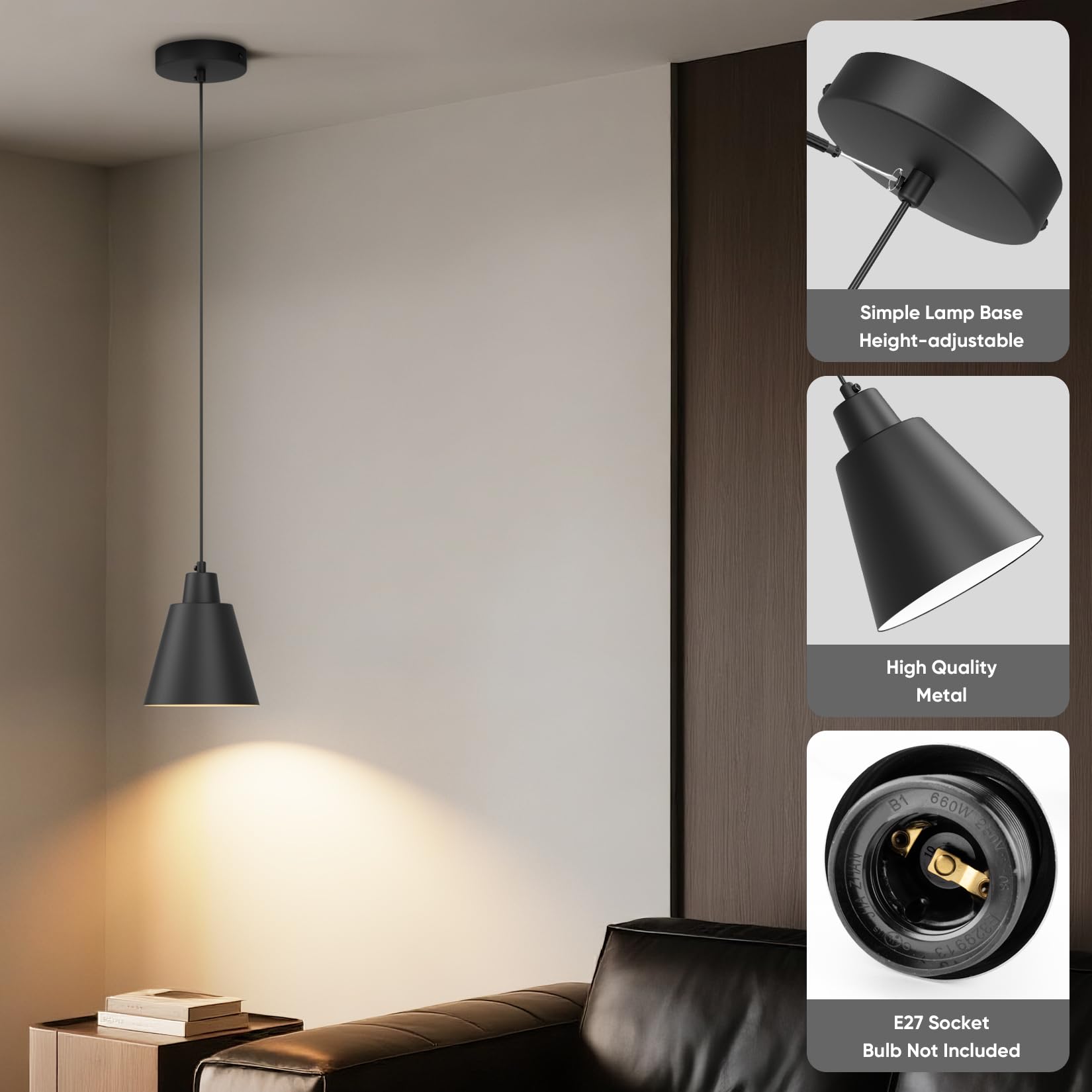 Klighten 3 Stück Pendelleuchte E27 einflammig, Schwarz, ohne Leuchtmittel | Hängeleuchte Modernes Design, Hängelampe Höhenverstellbar, Pendelleuchte Eisen für Esstisch Wohnzimmer Küche