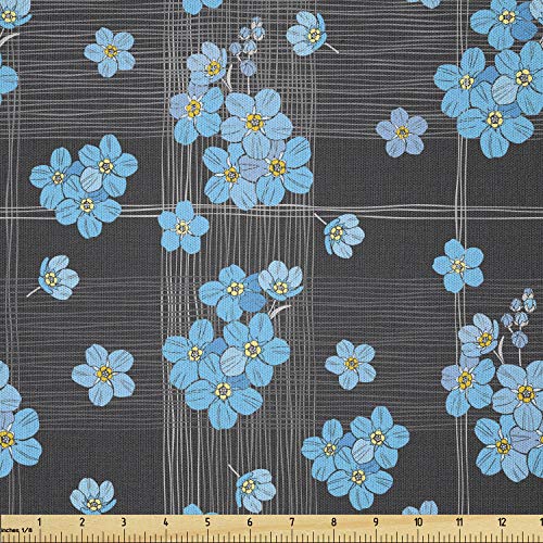 Image of Ambesonne Flower Fabric by The Yard, Forget Me Not Blossoms on a Dark Background with Grid Pattern Botany, Microfiber Fabric for Arts and Crafts Textiles & Decor, 1 Yard, Charcoal Grey Yellow