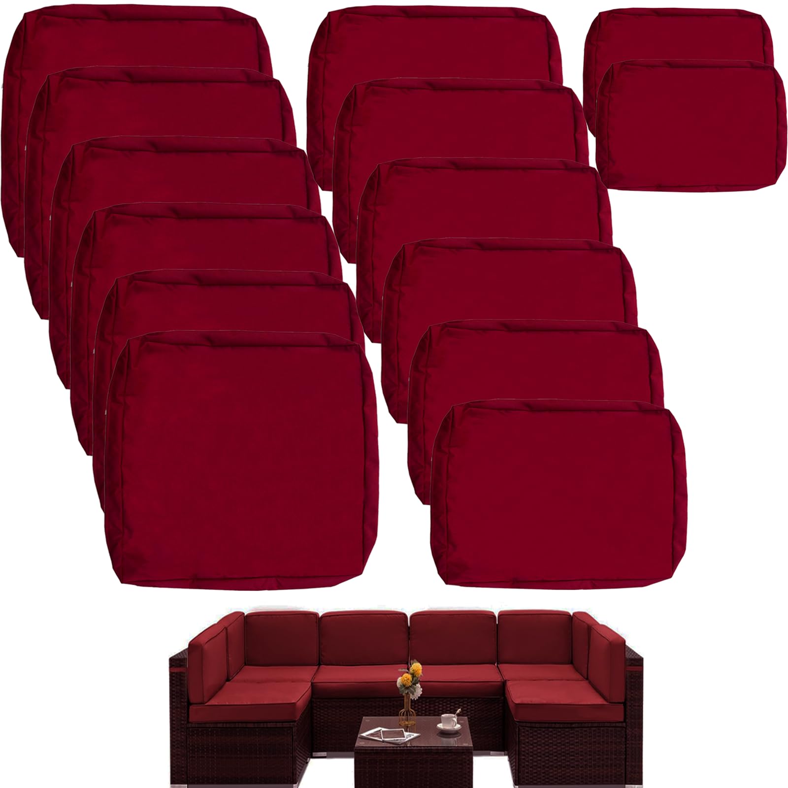 outdoor cushion covers waterproof, 14pcs patio cushion slipcovers replacement for 7piece 6-seater rattan wicker sectional couch sofa, washable patio furniture seat and back covers only, dark red