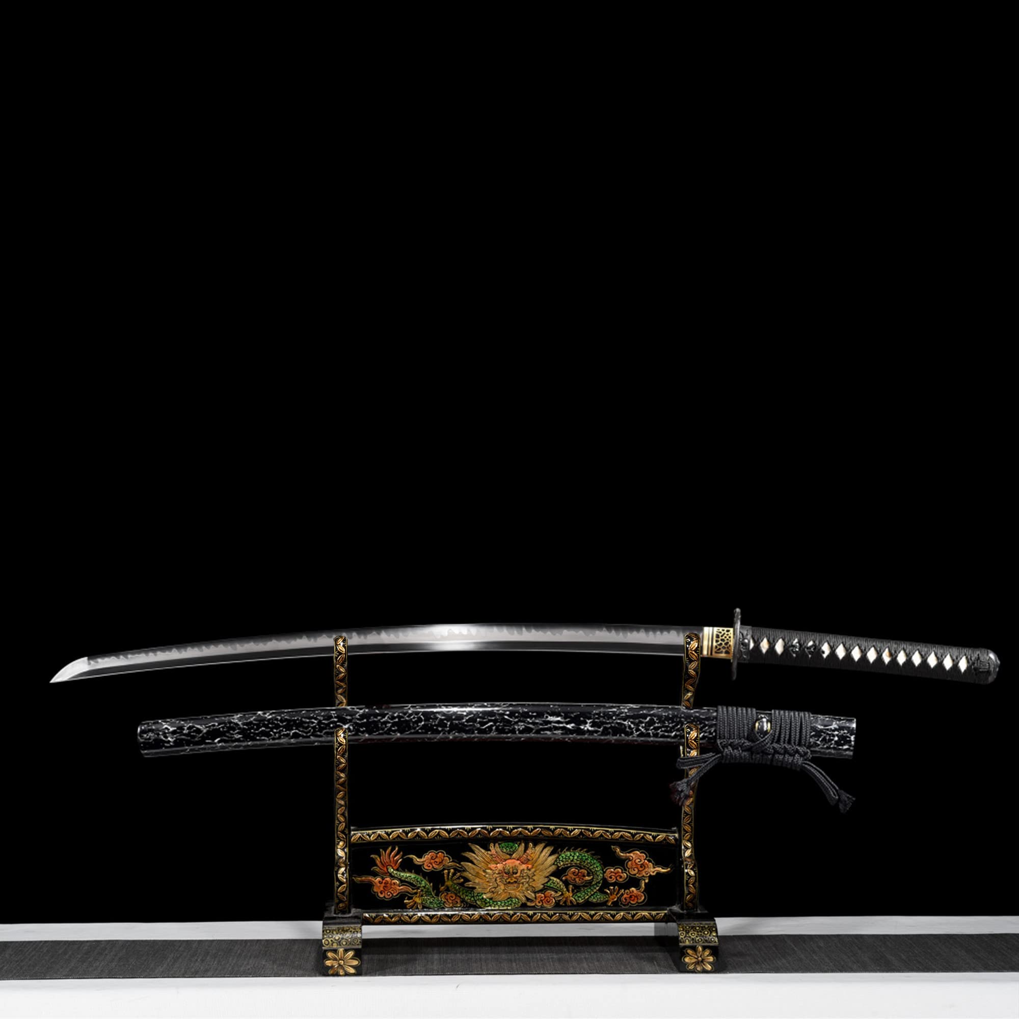 FengYu SWORD T10 Steel Clay Tempered with Hamon Handmade Black Katana Sword Snowflake Scabbard Real Japanese Samurai Sword Full Tang