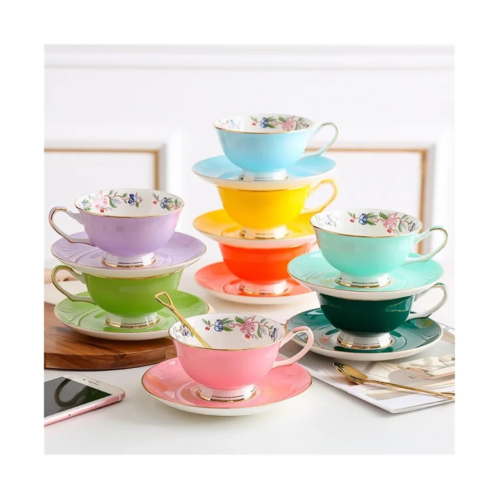 Tazas de café grandes de cerámica, Juego de 8 tazas porcelana for café y té, multicolor(Oranje)
