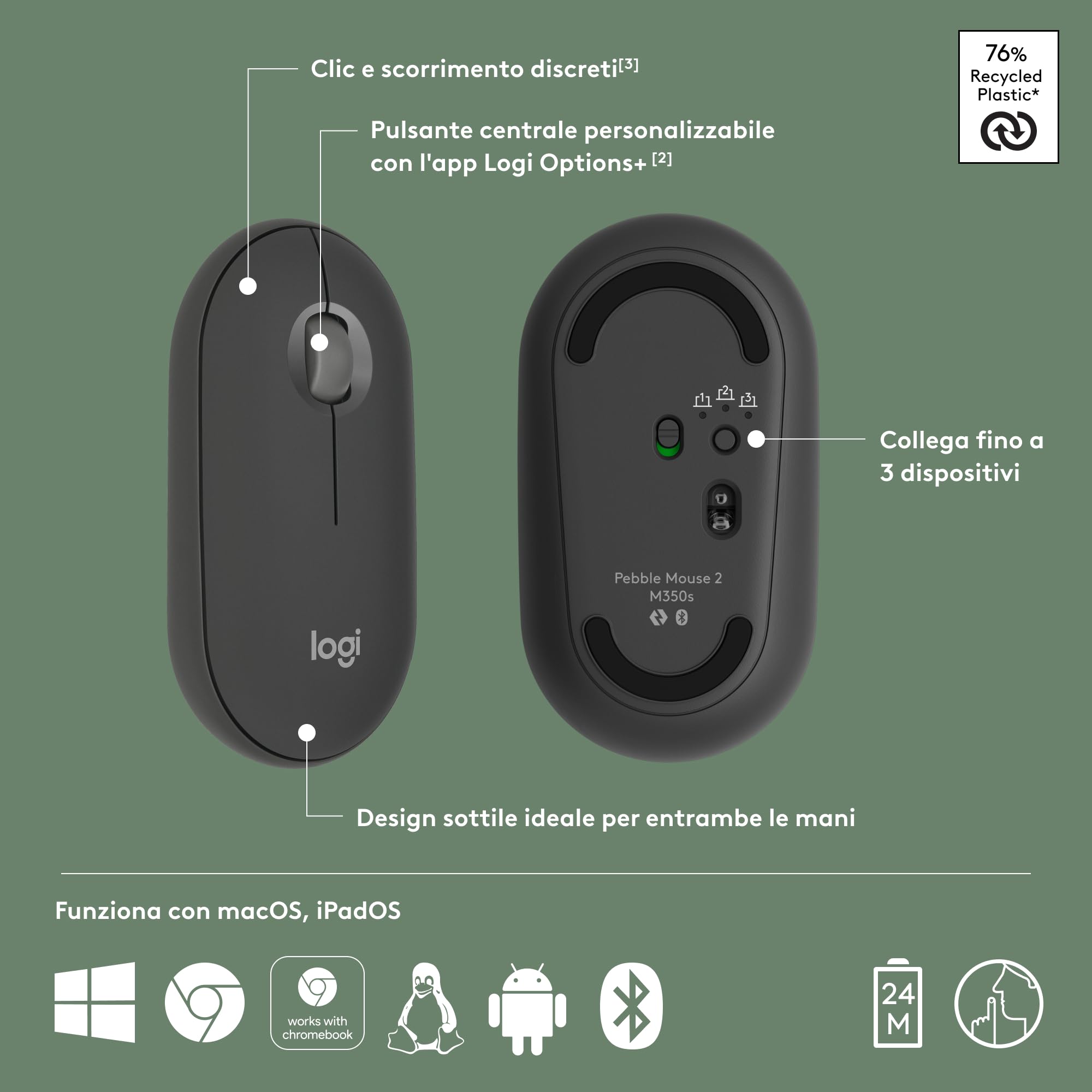 Logitech Pebble Mouse 2 M350s wireless Bluetooth sottile portatile personalizzabile clic discreti Easy-Switch Grafite