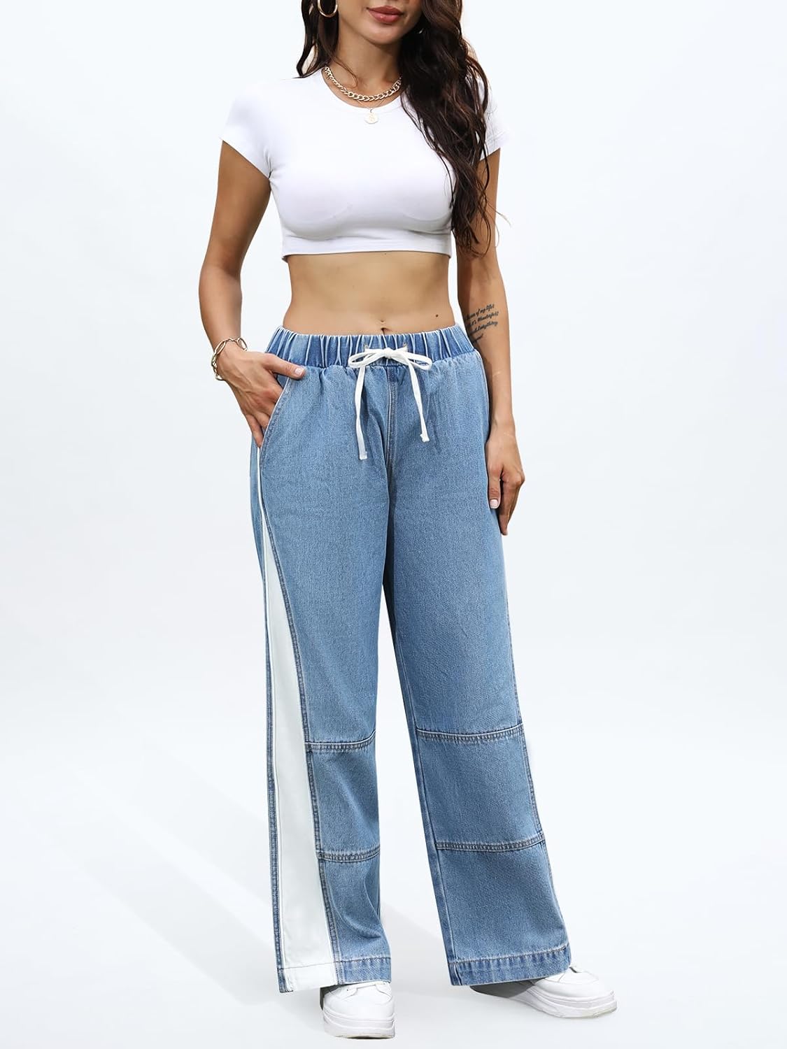 ONESO Womens Wide Leg Jeans Mid Rise Baggy Patchwork Straight Leg Jeans Drawstring Elastic Waist Denim Pants Trousers