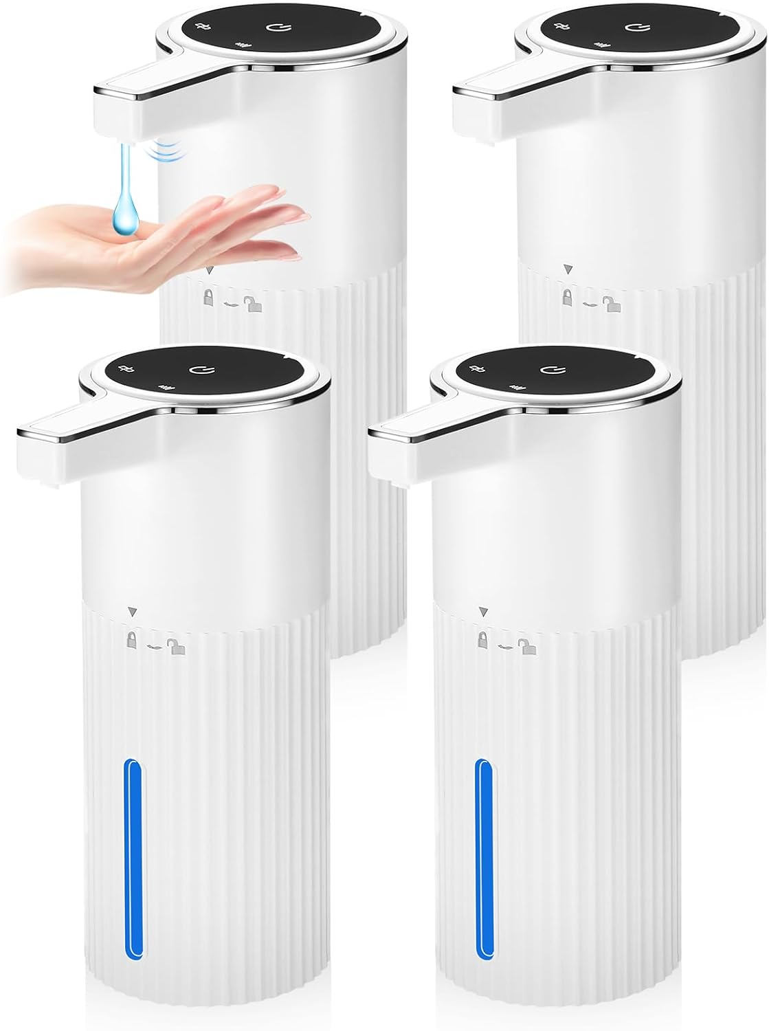 4 Pack Touchless Automatic Soap Dispenser, 13.5oz Smart Sensor Liquid Hand Wash Dispenser, USB Rechargeable & Adjustable for Bathroom Kitchen Sink, White Stripes