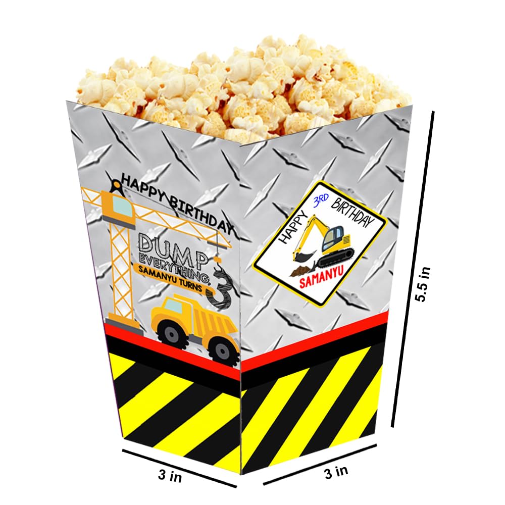 WoW Party Studio Personalized Construction Vehicles JCB Theme Popcorn Holder/Cups, Sleeves, Material - 300 GSM thick Cardstock Paper, with Birthday Boy/Girl Name Printed - 10 Pcs 4