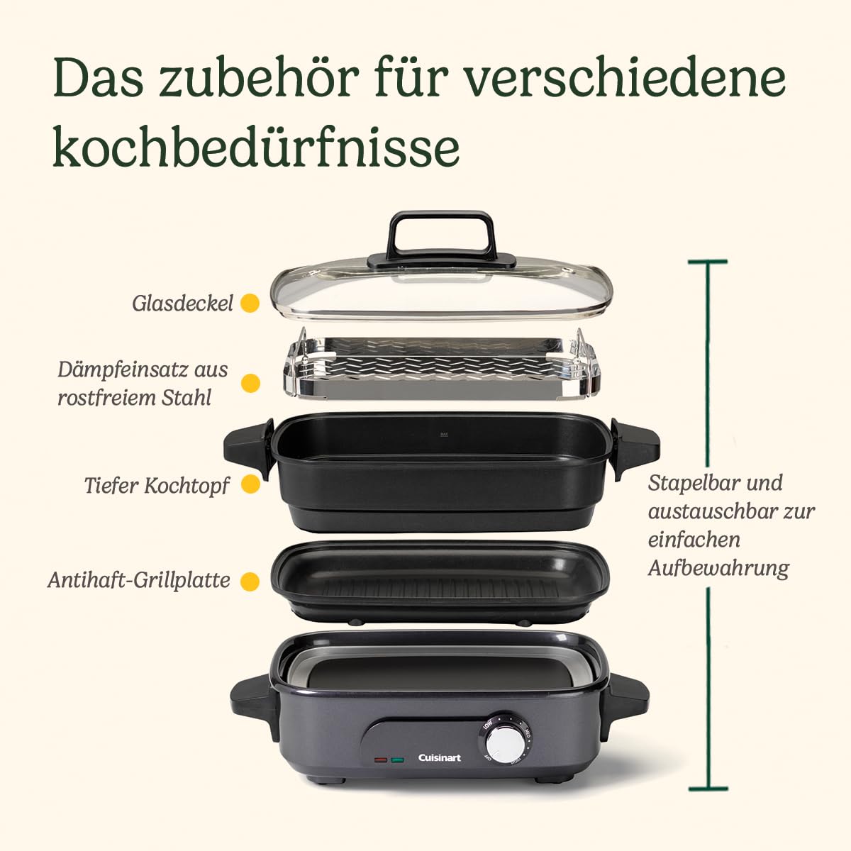 Cuisinart Cook In 5 in 1 Multikocher | Grillen, Anbraten, Dämpfen, Simmern und Langsamkochen | Antihaftbeschichtete, austauschbare Platten und Pfannen | Stapelbar | Mitternachtsgrau