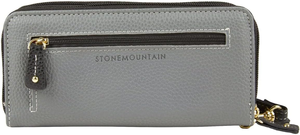 Stone Mountain Double Zip Around Wallet – Large Charcoal Gray Pebble Genuine Leather Wristlet, Women’s Clutch Organizer, 7x2x4 Inches