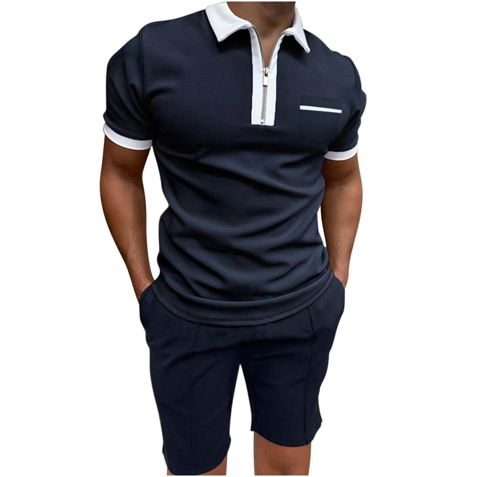 Generic 2024 Hombres Polos Y Pantalones Cortos para Verano Deporte Conjunto De Dos Piezas Relaxed Polos Camiseta De Manga Corta Estampada + Pantalones Cortos Tracksuit Discotecas Jogger Pack Color s贸lido