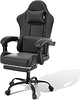 MoNiBloom Gaming Chair with Footrest & Lumbar Support - 180° Recline, Headrest, Height Adjustable Ergonomic Leather Chair for Gaming & Office, Black