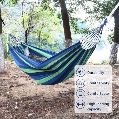Image of Baskety Double Person Cotton Canvas Hammock with Spreader Bars Ultralight Travel Camping Hammock Swing Bed for Outdoor, Balcony, Garden, Beach - Max Load 200 KG (Blue, 280 x 100 cm)