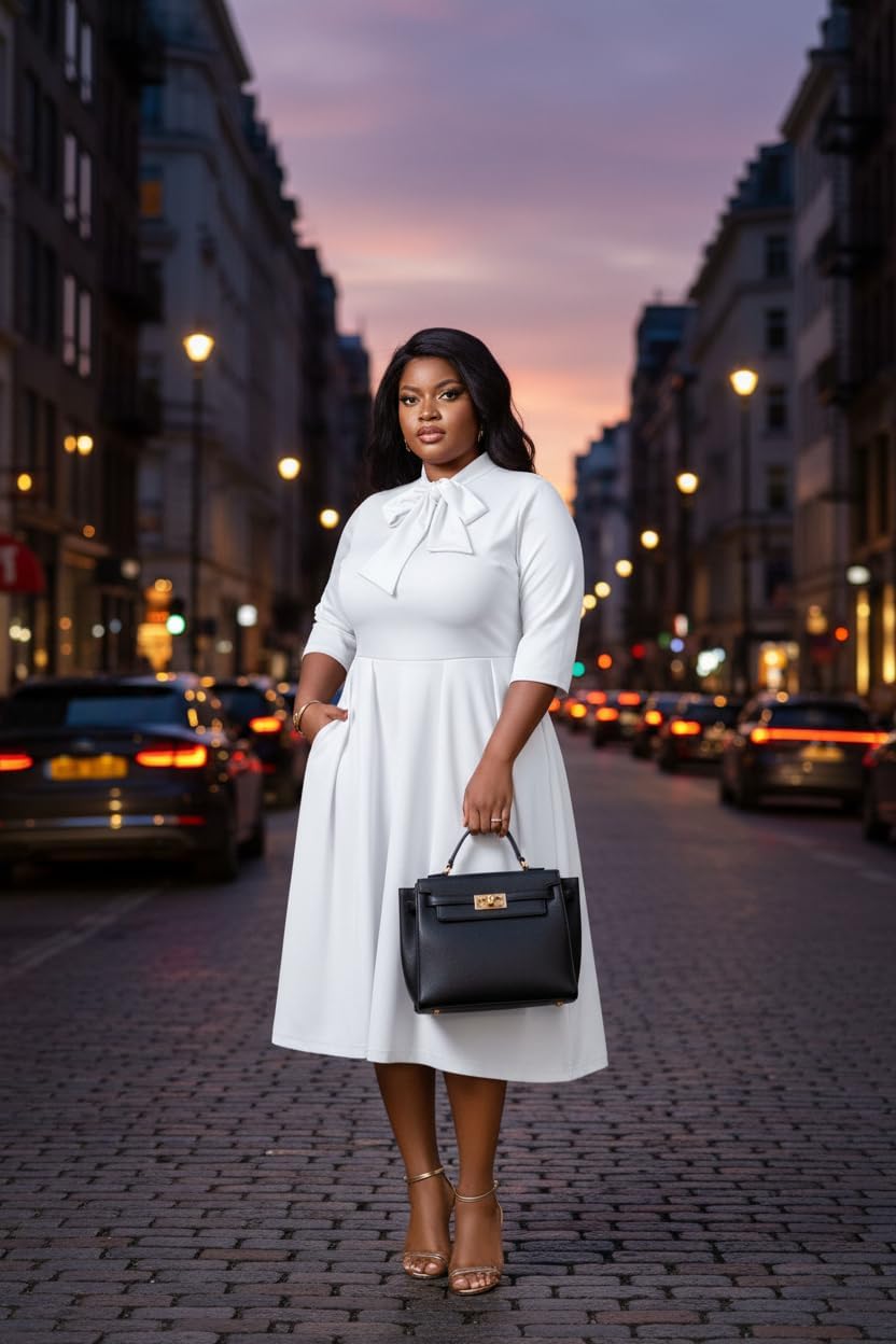 FANDEE Midi Dress for Women Casual 3/4 Sleeve Semi Formal Fit and Flare Dress Classy Tie Neck Work Business Dresses - Image 3