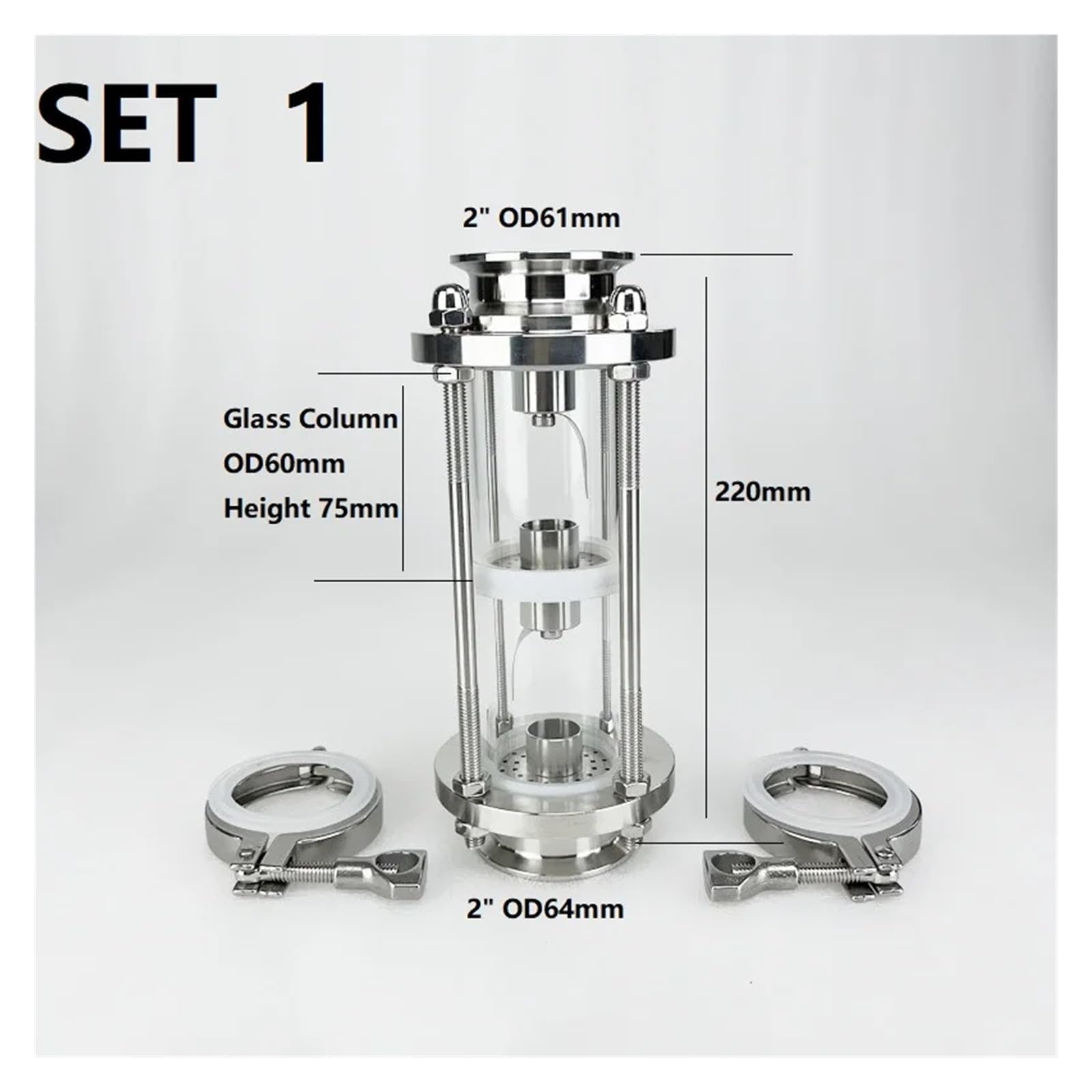 Colonna for Lenti di Distillazione Flangia da 2" (51 mm) Colonna di distillazione da 64 mm con Set di Piastre a Bolle in Acciaio Inossidabile 304. Torre in Vetro a 3 Piani(Set 1)