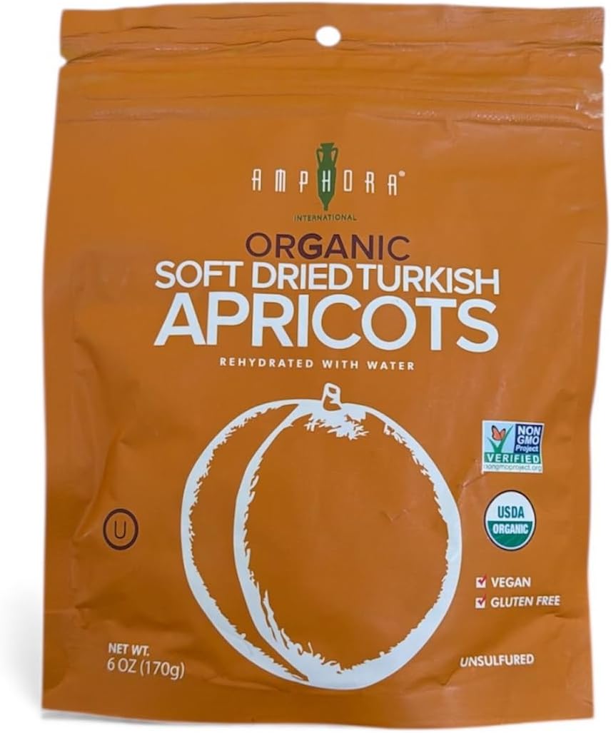 Amphora All Natural Organic Soft Dried Turkish Apricots, Vegan, Gluten Free, Keto 6 Oz Each (Single Pack)