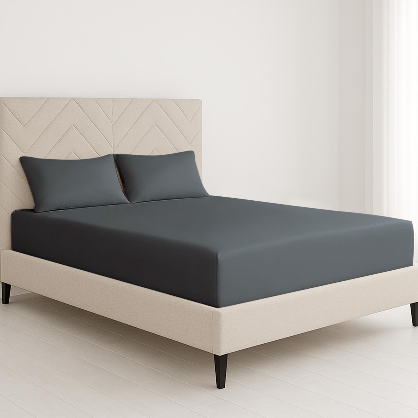 ChComfort Deep King Size Fitted Sheet with 2 Matching Pillowcase - Charcoal Microfiber, All-Around Elastic 40cm depth, Wrinkle-Free, Fade Resistant - Suitable for All! (Charcoal, King) — image 1