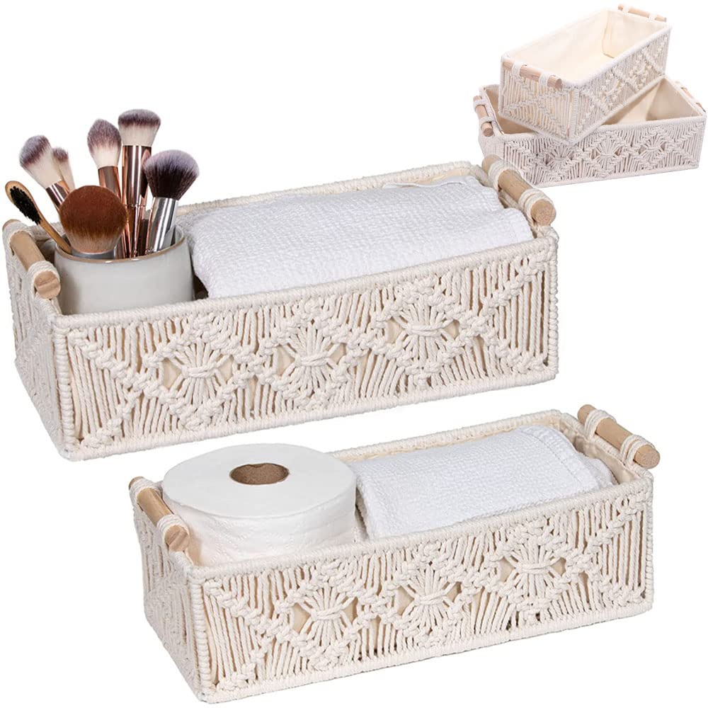 NeoStyle 2Pcs Macrame Storage Basket for Organizing Woven Decorative Basket for Countertop,Decor Shelf Baskets for Countertop Toilet Tank Cabinet Basket Organizer with Handle for Bathroom Bedroom