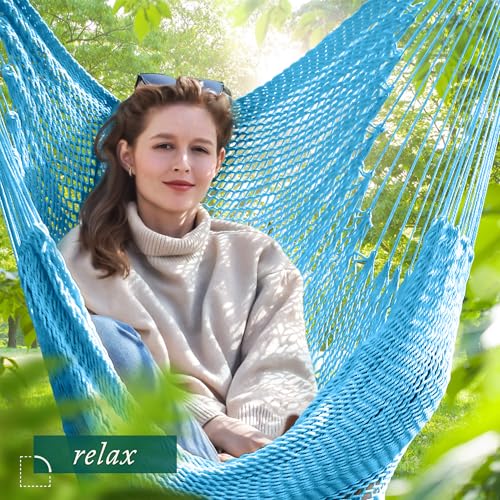 Image of Caribbean Hammock Swing Chair with Spreader Bar, Large Hammock Chair, Hand Craft Rope Hanging Chair Outdoor, Indoor, Bedroom, 330 LBS Weight Capacity, Blue