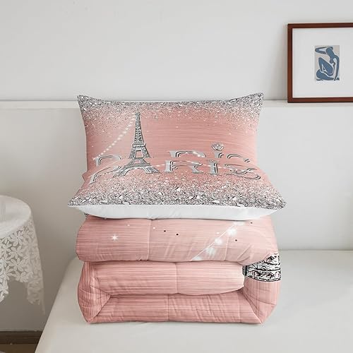 Miniatura 5 de Juego de ropa de cama de tamaño matrimonial de la Torre Eiffel, romántico juego de ropa de cama rosa de la torre de París para adolescentes y