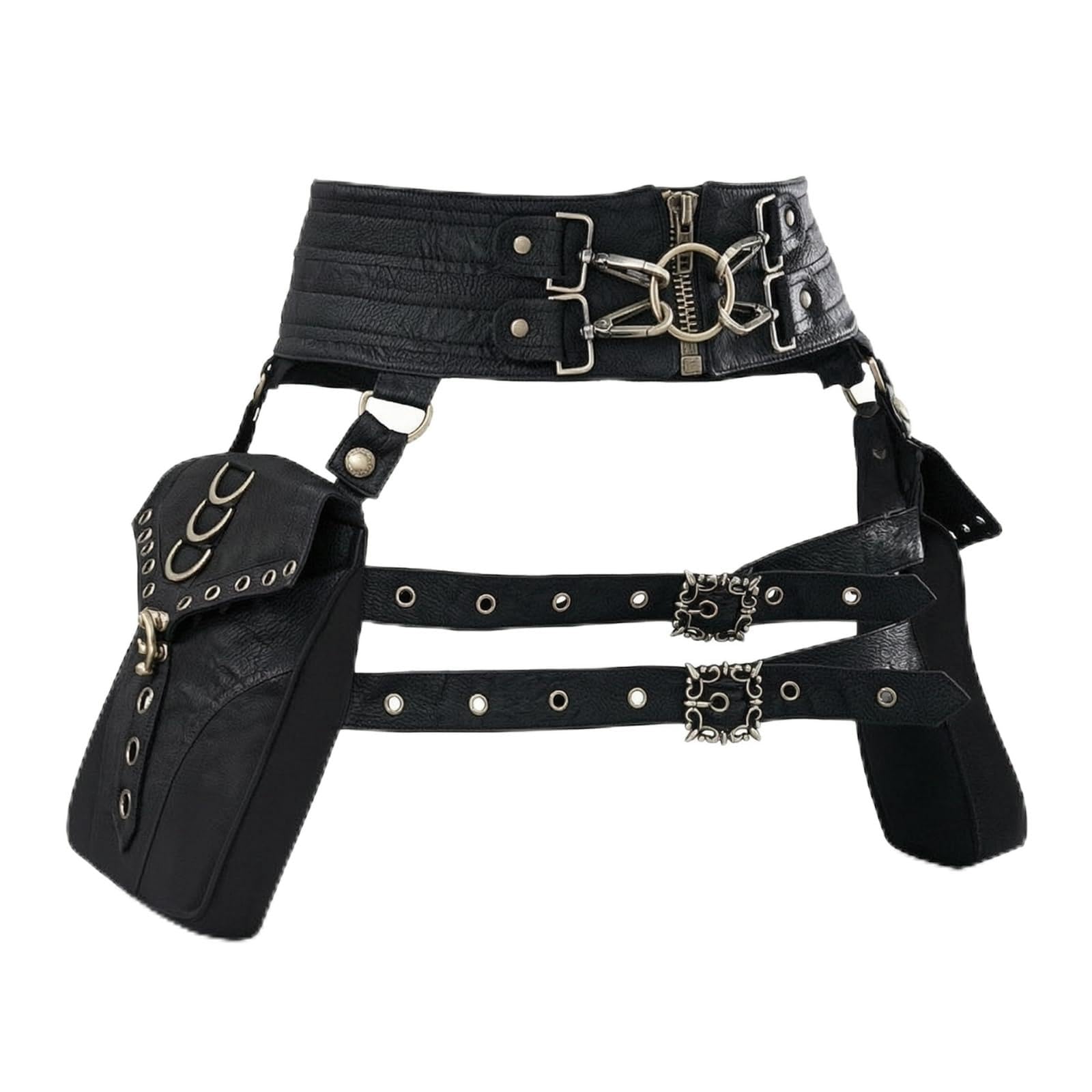 Gürteltasche Damen Bauchtasche Hüfttasche Taillentasche aus PU mit Schnallen Nieten Ösen Und Seitentaschen Verstellbar mit Bindeband für Alltag Festival Konzert Party
