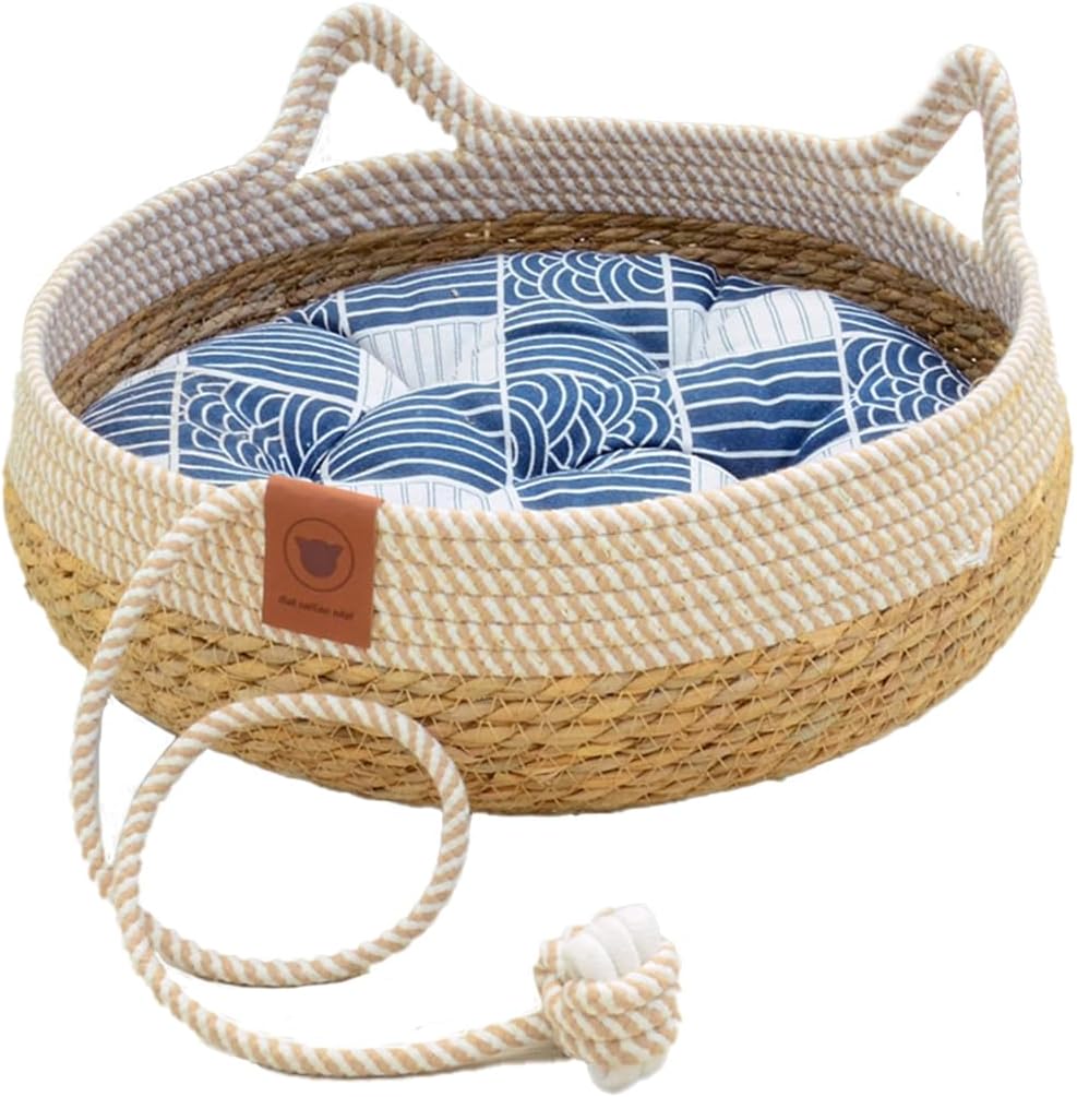 Natural Cat Bed Straw Nest Woven Pet House Handmade Braided Cute Cats Ears Cattail Leaf with Soft Cushion and Toy Ball 18 x 18 Inches