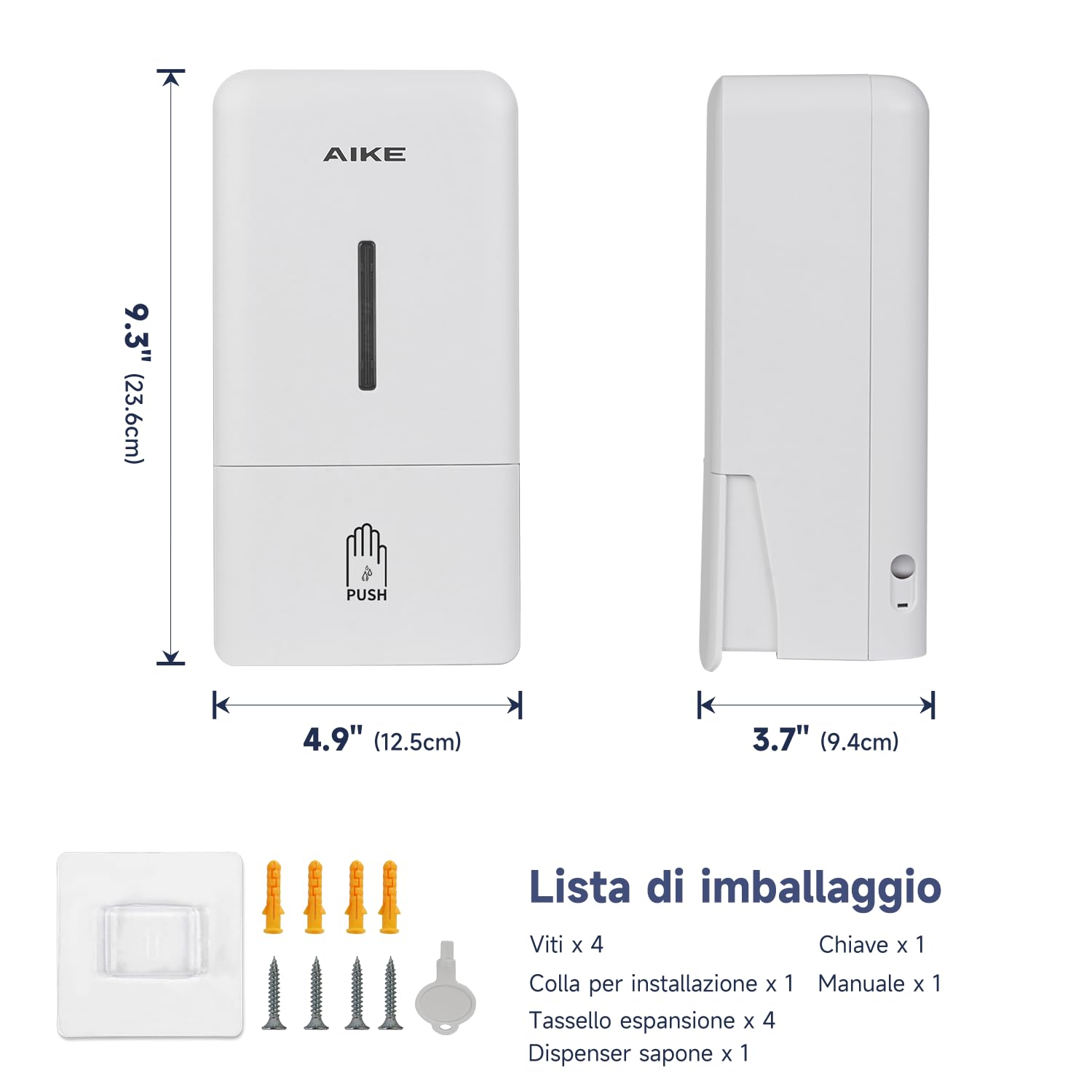AIKE AK1006 Dispenser Sapone Bagno Muro, 800 ml Manuale in Plastica, Liquido per Mani Commerciale, Bianco