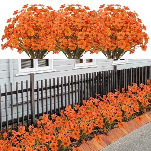 LikSoor 21 Bundles Artificial Outdoor UV Resistant Flowers No Fade Fake Outside Flowers Plastic Greenery Faux Shrubs Garden Porch Window Box Home Decoration(Light Autumn Orange)