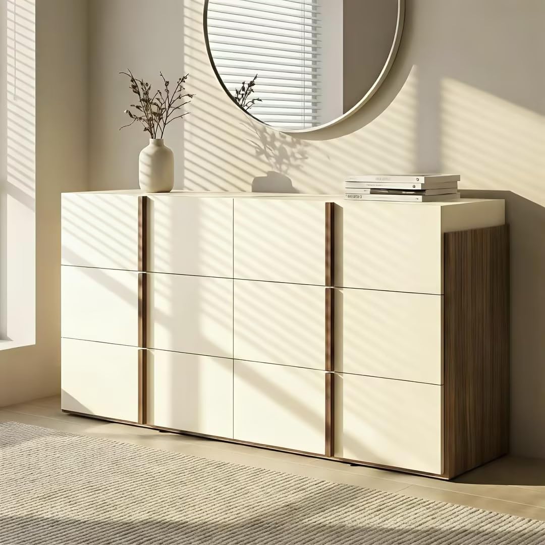 Modern 6 Drawer Dresser for Bedroom, Cream White 54" Wide Chest of Drawers with Walnut Vertical Wood Handles, Two-Tone Mid Century Modern Storage