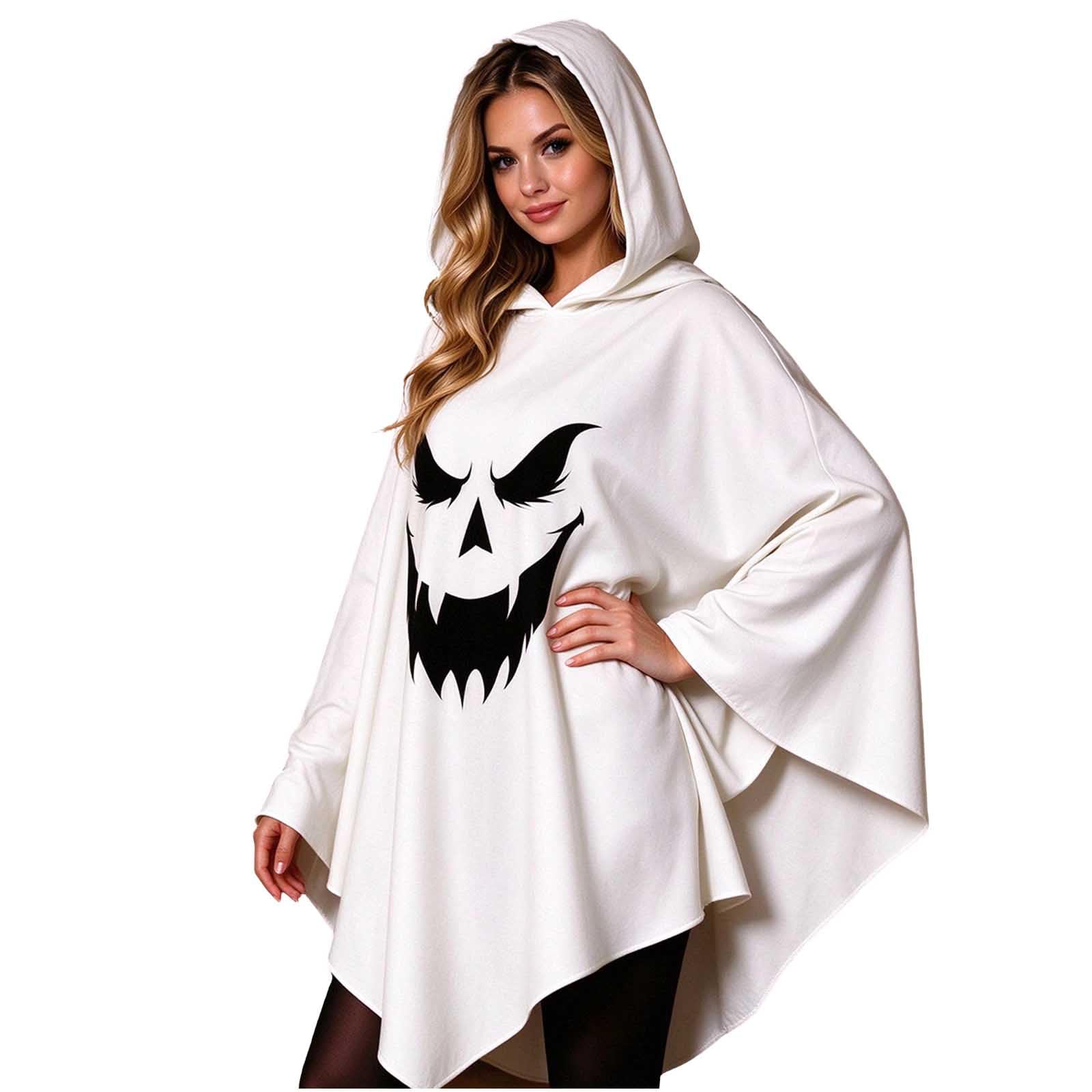 Women's Halloween Ghost Hooded Cape Oversized Ghost Face Print Costume