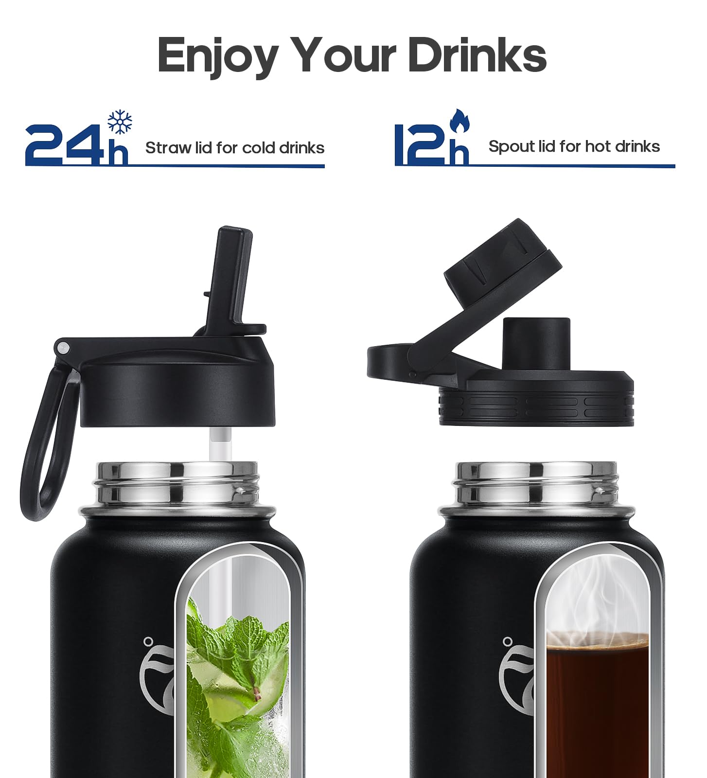 HydroPal Vacuum Insulated Stainless Steel Water Bottle, 1.9L/1.2L/1L/750ml/500ml- 2 Lids (Straw Lid and Spout Lid), 2 Straws Water Bottle for 12 Hours Hot & 24 Hours Cold, Great for Work, Travel — view 3