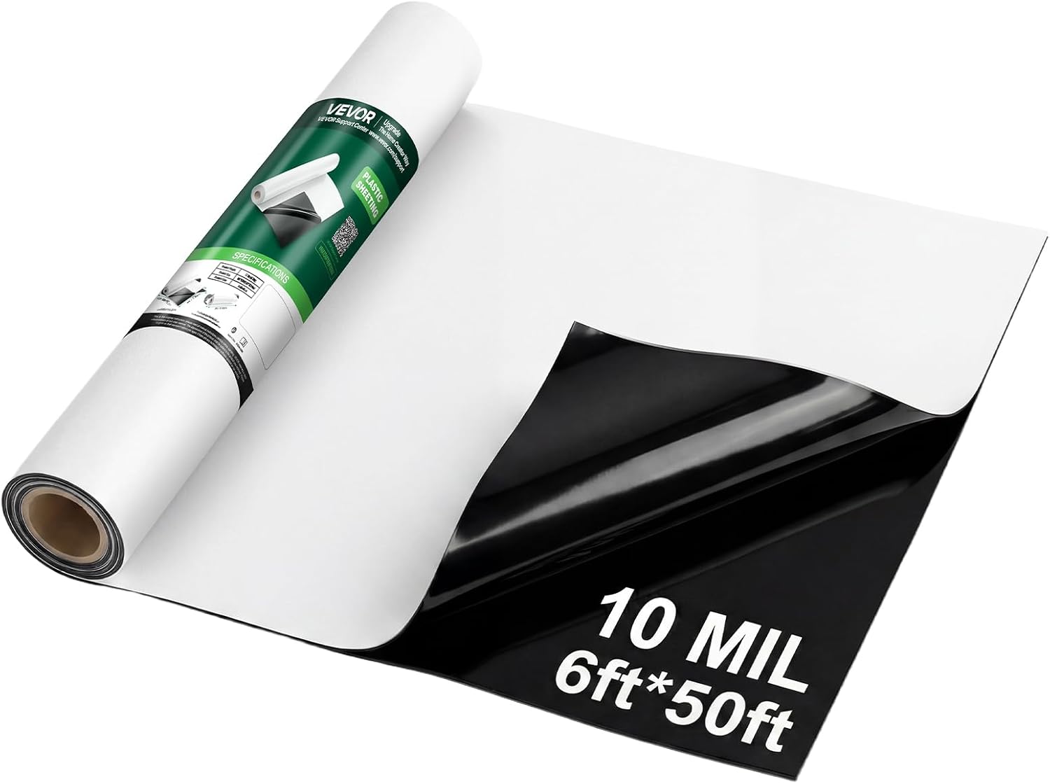 VEVOR 6' x 50' Plastic Sheeting 10 Mil Heavy Duty Plastic Drop Cloth Painters Tarp, Thick Plastic Sheet Roll for Crawl Space Vapor Barrier, Moisture Barrier, Construction, Greenhouse, Black & White