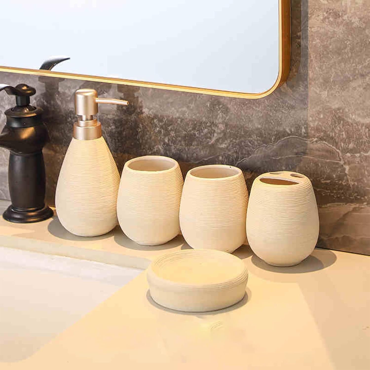 Bathroom Ceramic Accessories Set, 5 Piece Bathroom Set with Including Soap Dispenser, Mouthwash Cup, Soap Dish, Toothbrush Holder (Brown)