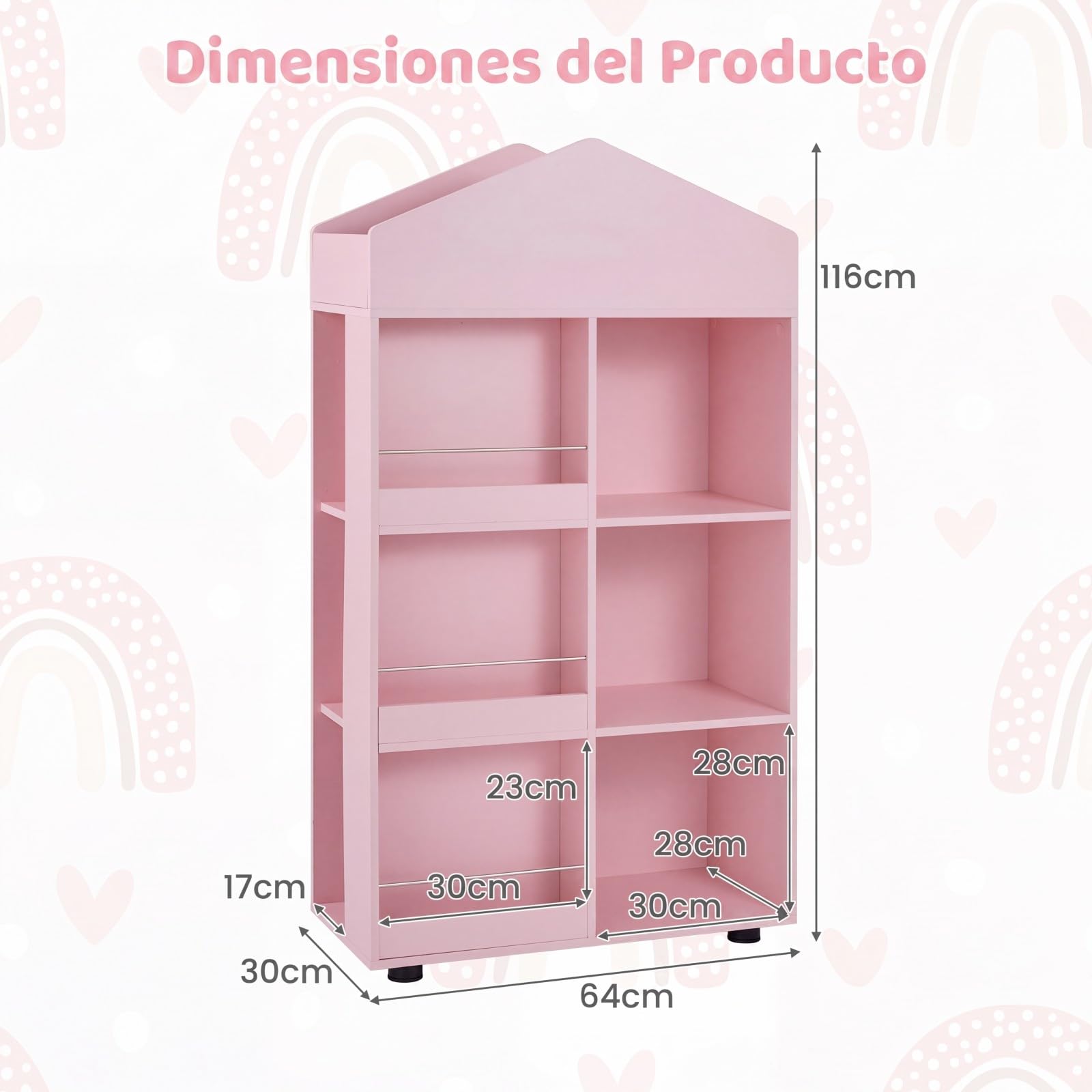 COSTWAY Estantería Infantil de Madera, Organizador Juguetes Tipo Casita de Muñecas con Compartimentos, Kits Antivuelco, Barras y Baffles Anticaída, Biblioteca para Sala de Juegos,64x30x116cm (Rosa)
