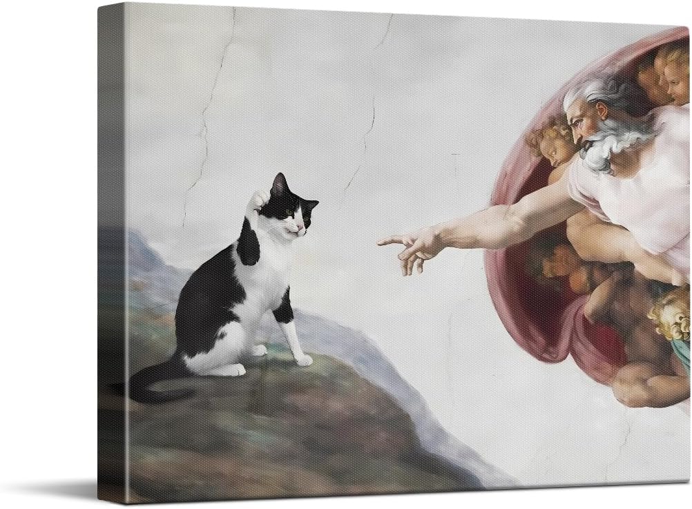 CYFDYVT Tuxedo Cat Canvas Wall Art, Funny Cat Wall Art, Renaissance Parody, Tuxedo cat Meets God, Sistine Chapel Style Wall Art, Eclectic Posters for Room, Bedroom Bathroom Wall Decor, 10 x 8 Inches