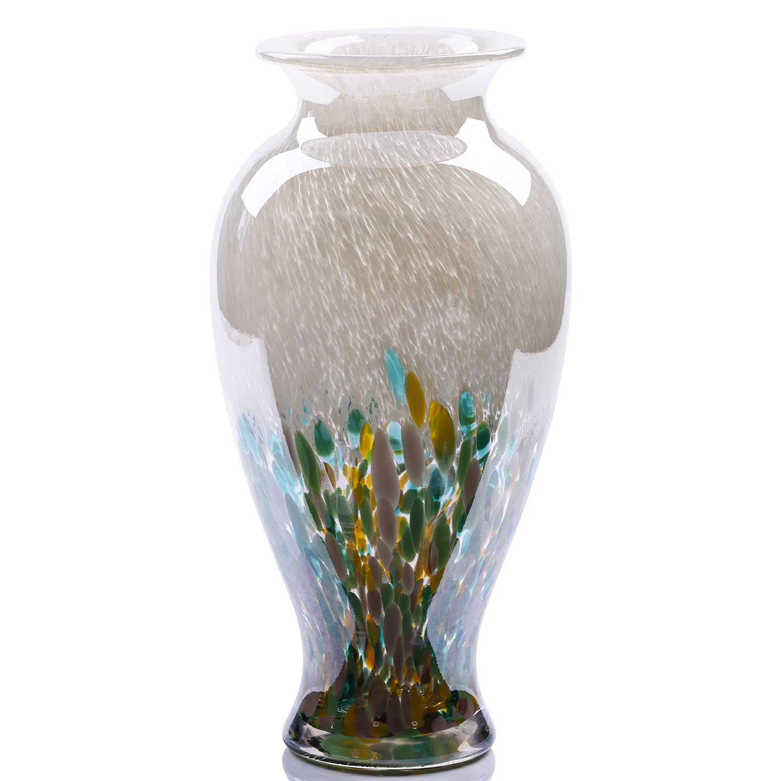 11.8" Tall Blown Green Glass Vase, Colorful Opaque Glass Vase, Unique Design Wide Mouth Art Decoration for Home, Living Room, Dining Table, Pampas Grass Decor (Green)