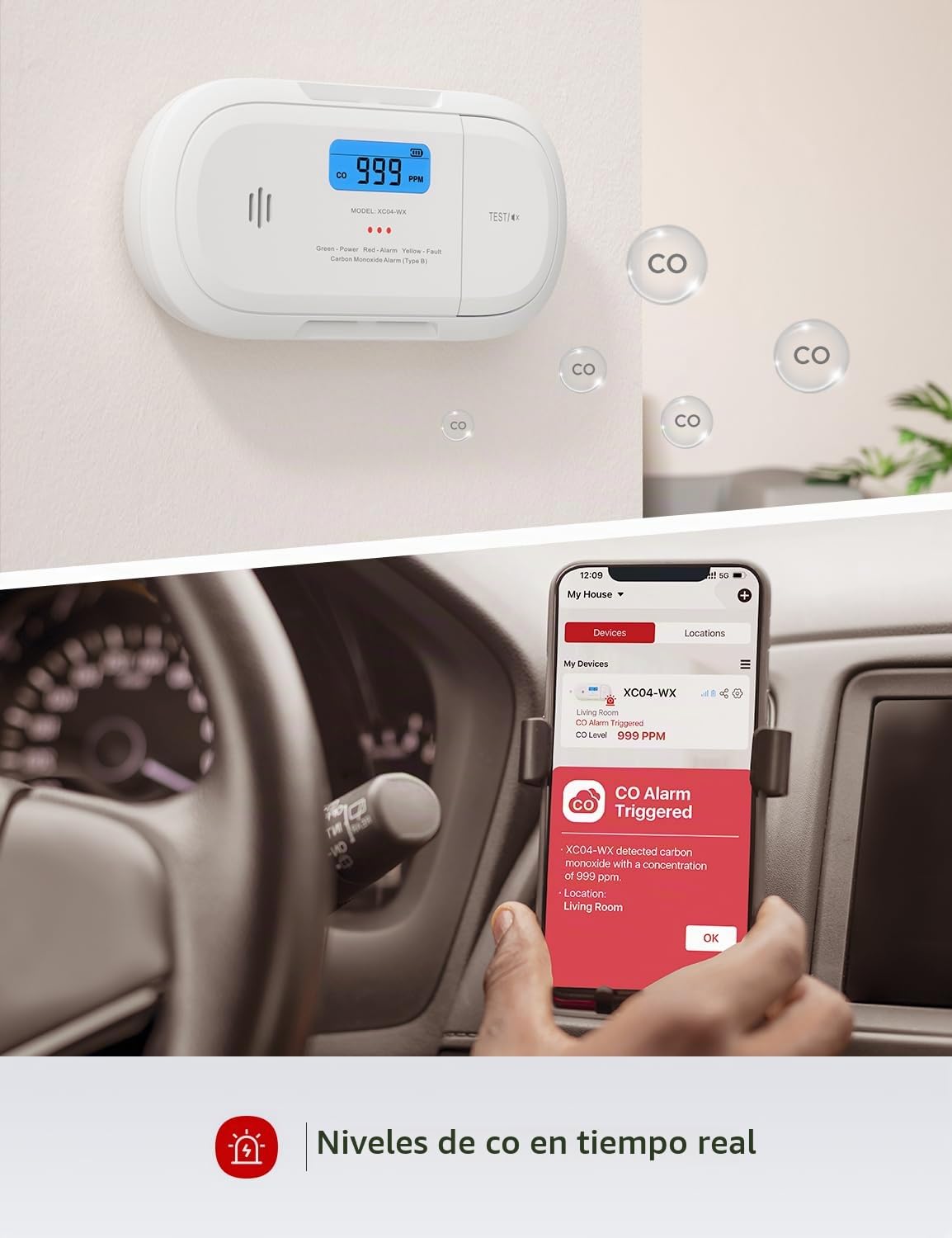 X-Sense Detector de Monóxido de Carbono Inteligente WiFi, Notificaciones Móviles en Tiempo Real con la Aplicación X-Sense Home Security, Batería Reemplazable, Dise?o sin Soportes, XC04-WX
