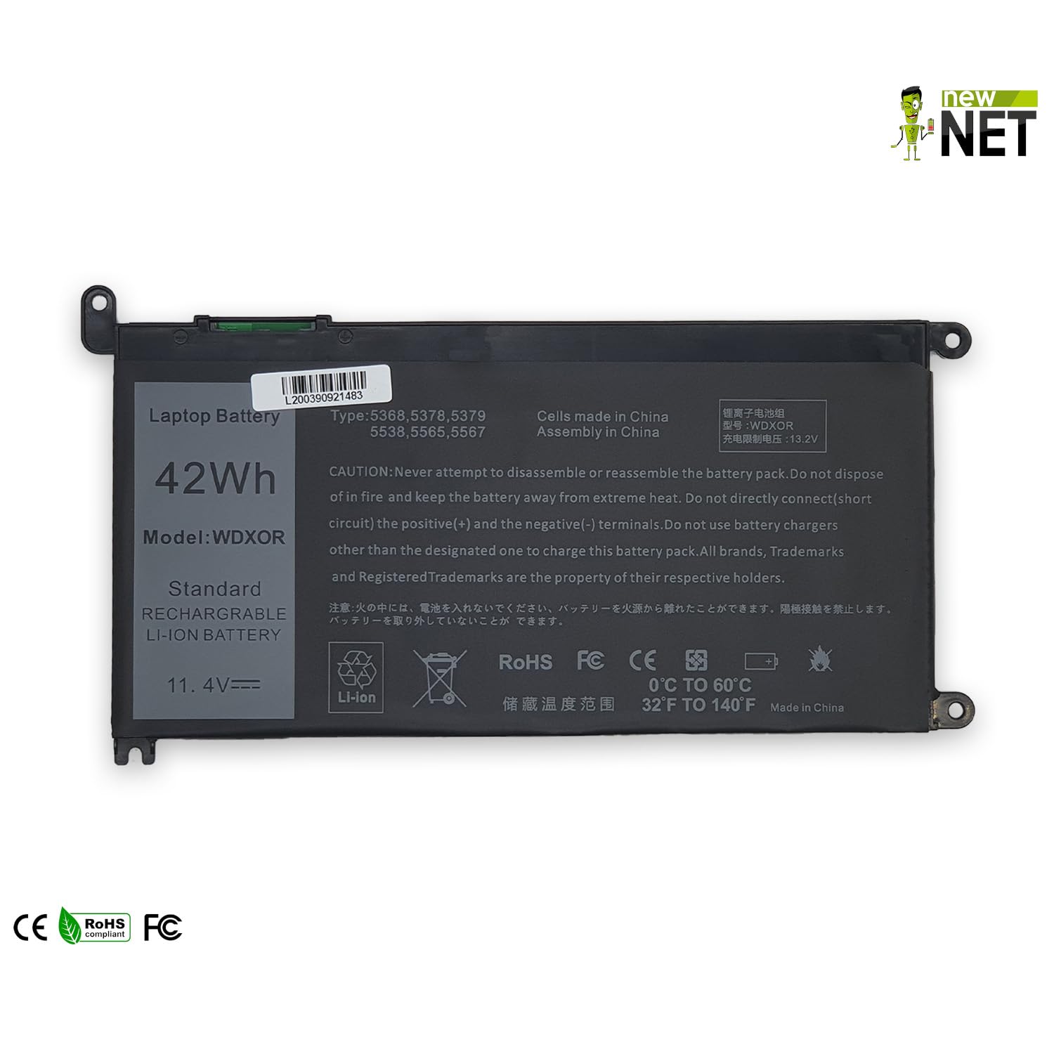 New Net - Batteria WDX0R compatibile con Dell P69G, P69G001, P70F, P69G002, P70F002, P70F001, P75F, P75F001, P75F002, P88G, P88G001 [11.4 V - 42 Wh]