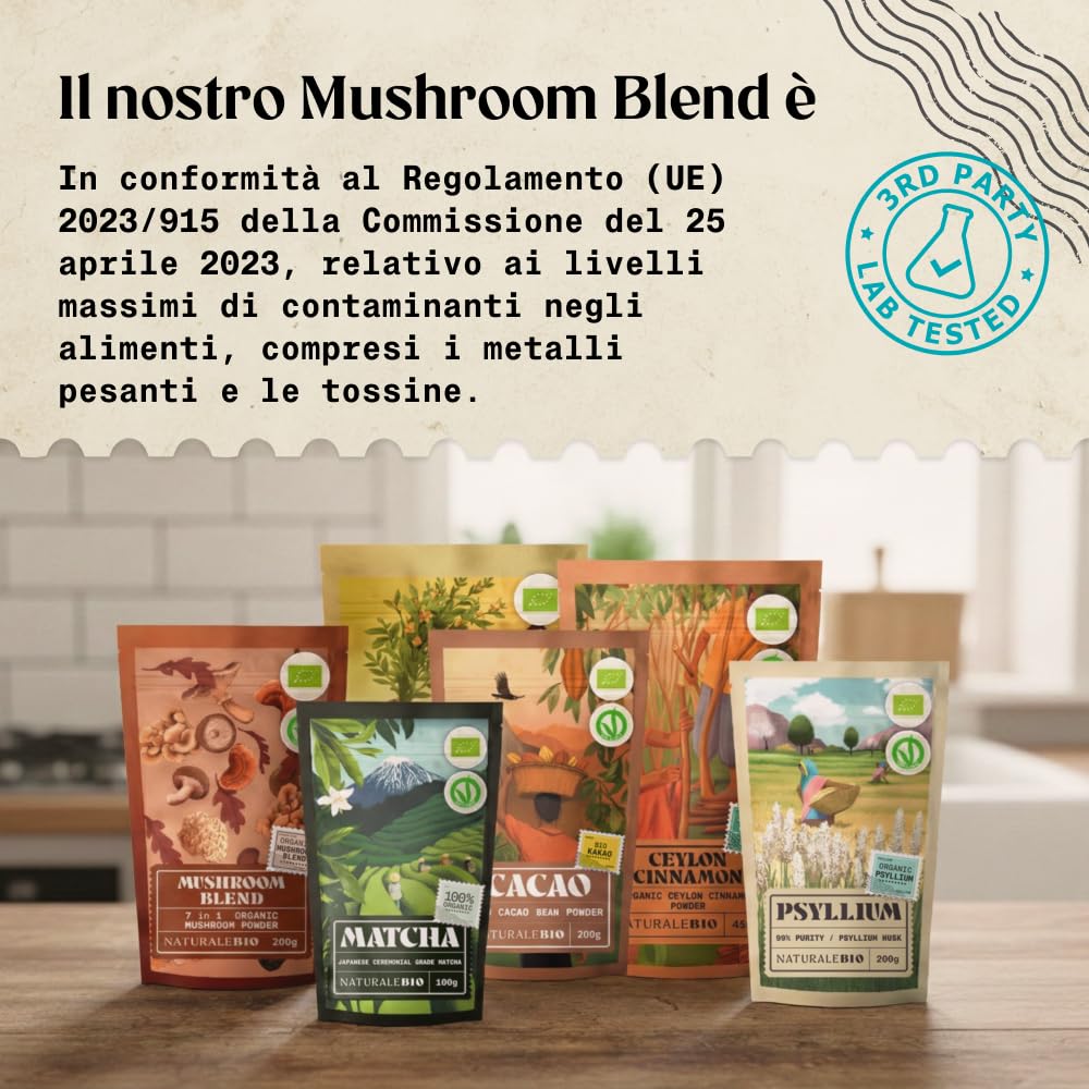 NaturaleBio Miscela di funghi in polvere 200g. Aumenta l'energia, favorisce la concentrazione, supporta l'intestino e il sistema immunitario. Bio, vegano, senza glutine e non OGM. Facile da consumare.